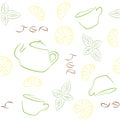 Tea seamless pattern with kettle, cups, lemon and mint.
