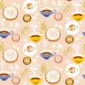 Tea seamless pattern. Stylized tea cups, plates with sugar