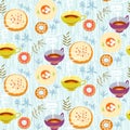 Tea seamless pattern. Stylized tea cups, plates with sugar