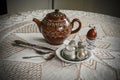 Tea Service.antique tableware.Grandma's tea set.old-time cupronickel cutlery. ancient teapot, teakettle. Royalty Free Stock Photo