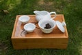 Tea service, white china with black tea leaves inside of it Royalty Free Stock Photo