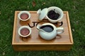 Tea service, white china with black tea in the natural background Royalty Free Stock Photo