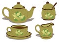Tea party Decorative tea set with a floral pattern. Isolated teapot, tea cup, jug of milk and sugar bowl. Vector illustration. Royalty Free Stock Photo