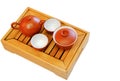 Tea set on a bamboo tray isolated on white background. Royalty Free Stock Photo