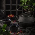 Tea set. Cast iron eastern tea pot, cups and dry rose Royalty Free Stock Photo