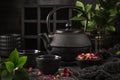 Tea set. Cast iron eastern tea pot, cups and dry rose Royalty Free Stock Photo