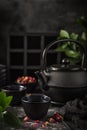 Tea set. Cast iron eastern tea pot, cups and dry rose Royalty Free Stock Photo