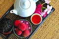 Tea set with chinese tea and litchees