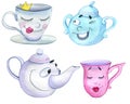 Tea set clipart of cute teacups, a sugar bowl and a teapot