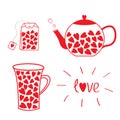 Tea set collection with hearts. Teabag, teacup and teapot. Love