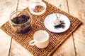 Tea set with hot water in cup on wooden table Royalty Free Stock Photo