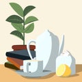 Tea set, indoor plants and a stack of books. Volumetric illustration. Royalty Free Stock Photo