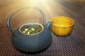 Tea set in Japan. Traditional Japanese herbal tea recipe made in cast iron teapot with organic dry herbs. Royalty Free Stock Photo