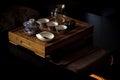 Tea set and lucky money toad on wooden tray