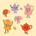 Tea set mascots in retro cartoon style illustration Royalty Free Stock Photo