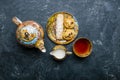 Tea set. Oriental sweets bakery. Top view. Dark background Royalty Free Stock Photo