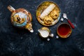 Tea set. Oriental sweets bakery. Top view. Dark background Royalty Free Stock Photo