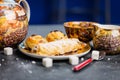 Tea set. Oriental sweets bakery. Top view. Dark background Royalty Free Stock Photo