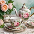 Tea set with pastel roses and teapot. Royalty Free Stock Photo