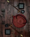 Symmetrical Tea Set on Wooden Surface