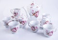 tea set or porcelain tea set on background.