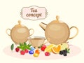 Tea set: tea pot, sugar bowl, cup of tea. Vector illustration.