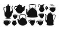 Tea set, silhouette. Kettle, teapot, cup, creamer icon or symbol. Vector illustration