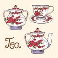 Tea set: sugar bowl, cup and saucer, teapot with red roses and leaves ornament, hand drawn doodle, simple sketch in pop art style Royalty Free Stock Photo