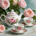 Tea set with tea cups, teapot and pink roses. Royalty Free Stock Photo