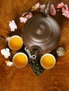 Tea set (teapot, cups and different tea) Royalty Free Stock Photo