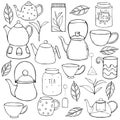 Tea set. Teapots, cups and cans for tea. Vector sketch illustration