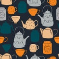 Teapots, cups and cans for tea. Vector pattern