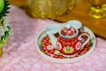 Tea set used in a Chinese wedding tea ceremony. Chinese wedding tea ceremony serving to elders. Royalty Free Stock Photo