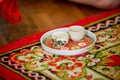 Tea set used in a Chinese wedding tea ceremony. Chinese wedding tea ceremony serving to elders Royalty Free Stock Photo