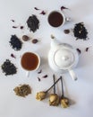 Tea set with white ceramic tea pot, dried rose flowers and other tea ingredients on the white. Flat lay view of various dried teas Royalty Free Stock Photo