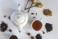 Tea set with white ceramic tea pot, dried rose flowers and other tea ingredients on the white. Flat lay view of various dried teas Royalty Free Stock Photo