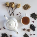 Tea set with white ceramic tea pot, dried rose flowers and other tea ingredients on the white. Flat lay view of various dried teas Royalty Free Stock Photo