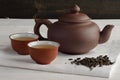 Tea set on wooden background