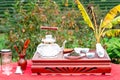 Tea set on a wooden plate