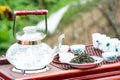 Tea set on a wooden plate