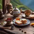 Tea set on a wooden table. Tea cup, teapot and bread.