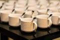 Tea sets, collection white coffee cups, buffet, catering Royalty Free Stock Photo