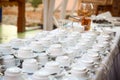 Tea sets, collection white coffee cups, buffet, catering Royalty Free Stock Photo