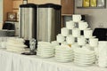 Tea sets, collection white coffee cups, buffet, catering,Plates