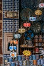 Tea shop window case, various teas for sale in shop of old city tourist hotspots of Granada. Royalty Free Stock Photo