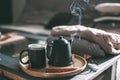 Tea with steam in room in morning sunlight Royalty Free Stock Photo