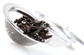 Tea strainer on a chain, with black tea, isolated on a white background. Royalty Free Stock Photo