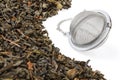 Tea strainer on a chain, with a mixture of dry green large-leaf tea with soursop, isolated on a white background. Royalty Free Stock Photo
