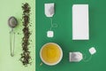 tea strainer tea bag white boxes green background. High quality photo Royalty Free Stock Photo