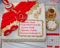 Tea, sugar, calendar, etc. in a glass of pear. An empty area on the cake to write the text. White cake made for engagement